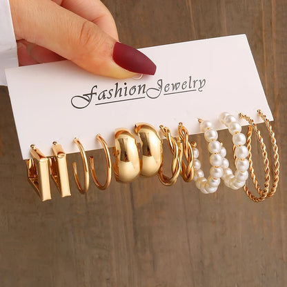 Square & Round Pearl Drop Earrings – Vintage Gold Fashion Jewelry Set