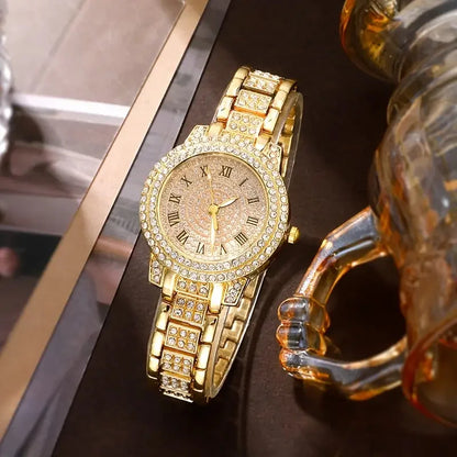 Luxury Diamond Roman Quartz Watch Set – Women Alloy Bracelet Gift Combo