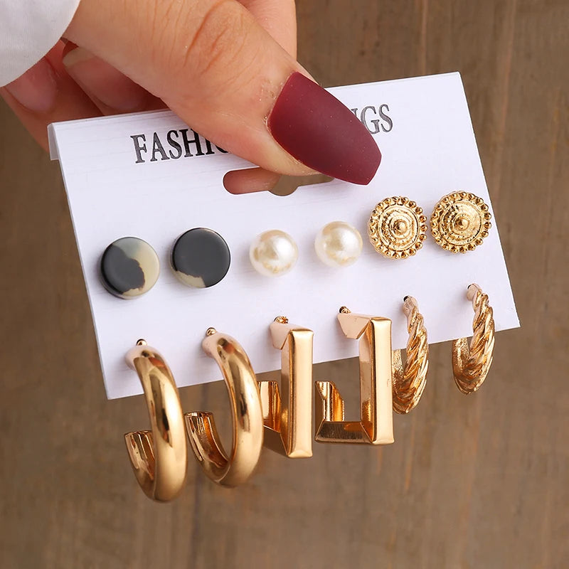 Square & Round Pearl Drop Earrings – Vintage Gold Fashion Jewelry Set