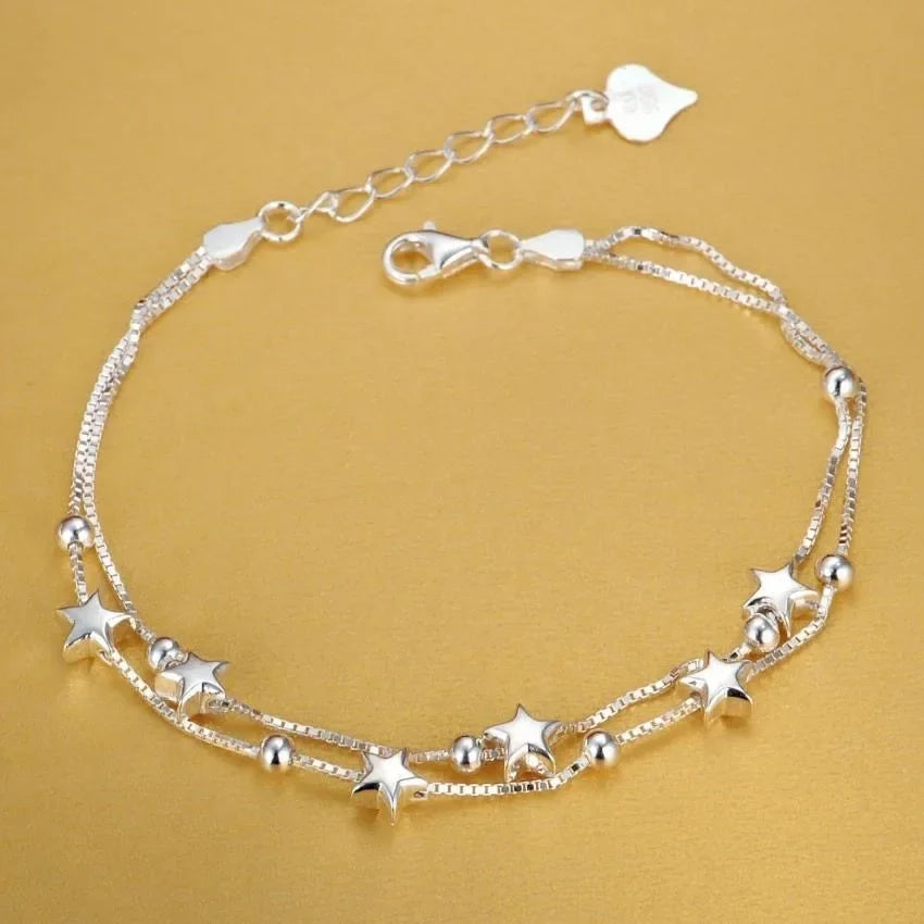Elegant 925 Sterling Silver Charm Bracelet with Polished Geometric Design