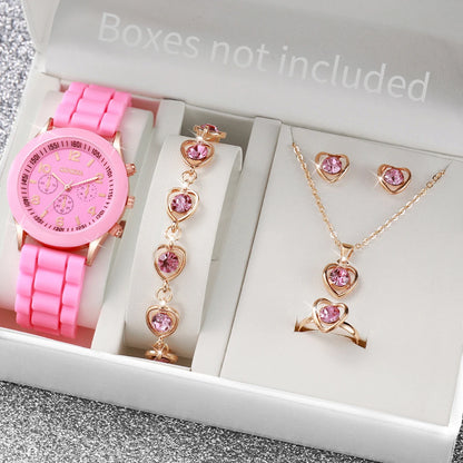 Women’s Fashion Quartz Watch Set – Silicone Strap Jewelry Gift Collection