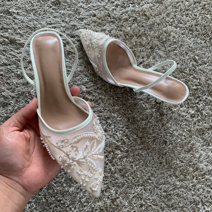 ELEGANT MESH EMBROIDERED SUMMER SLINGBACK HEELS