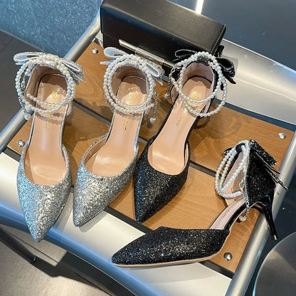 ELEGANT TEMPERAMENT SEQUIN BOW HIGH HEELS