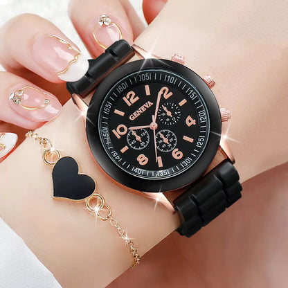Women’s Fashion Quartz Watch Set – Silicone Strap Jewelry Gift Collection