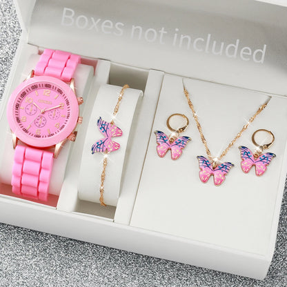 Women’s Fashion Quartz Watch Set – Silicone Strap Jewelry Gift Collection