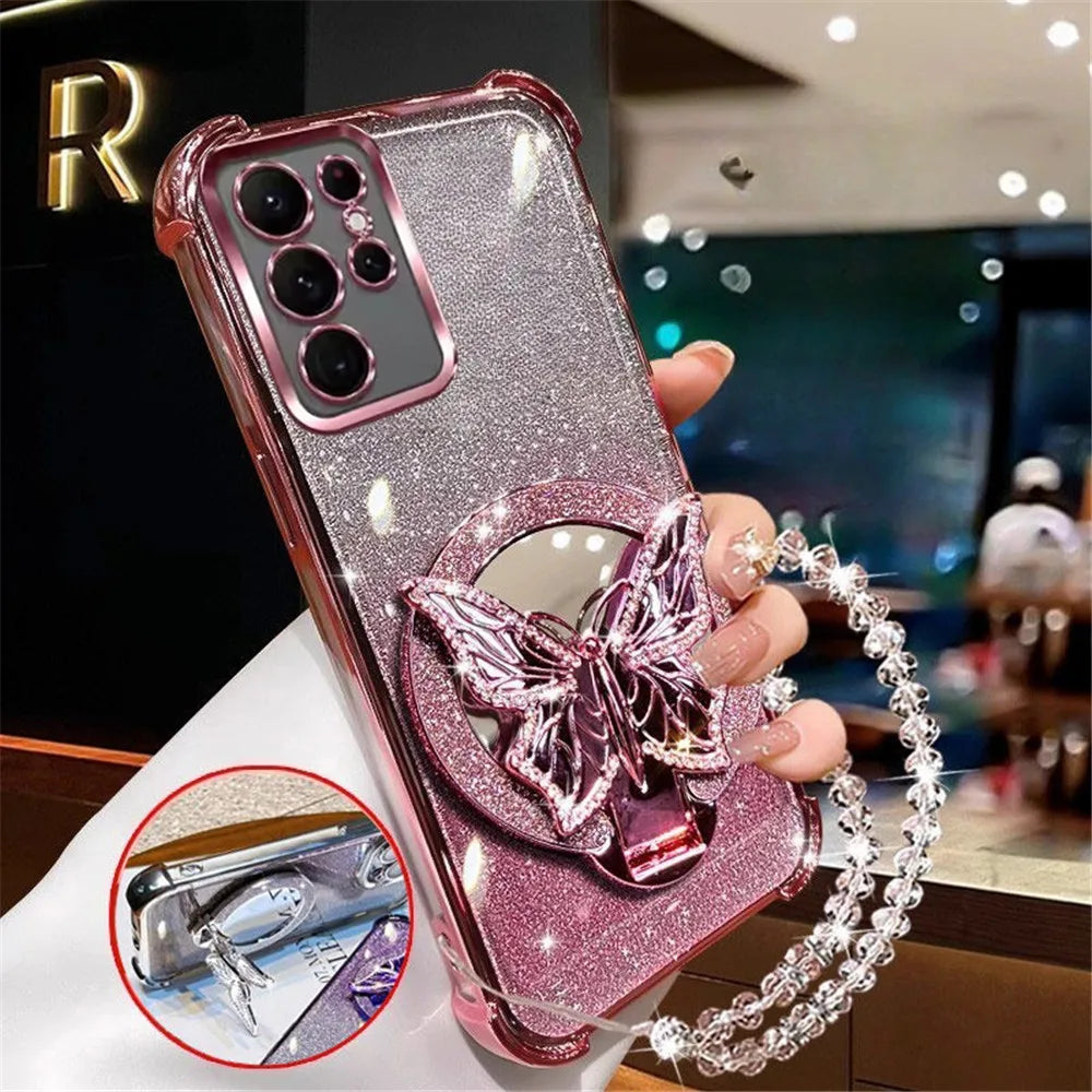 Glam Mirror Phone Case – Sparkle Butterfly Cover with Wrist Strap & Stand