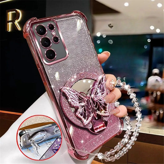 Glam Mirror Phone Case – Sparkle Butterfly Cover with Wrist Strap & Stand