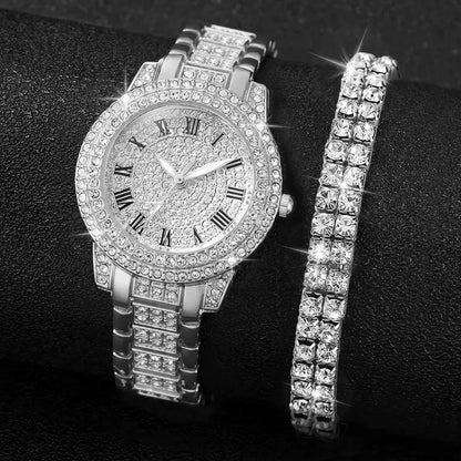 Luxury Diamond Roman Quartz Watch Set – Women Alloy Bracelet Gift Combo