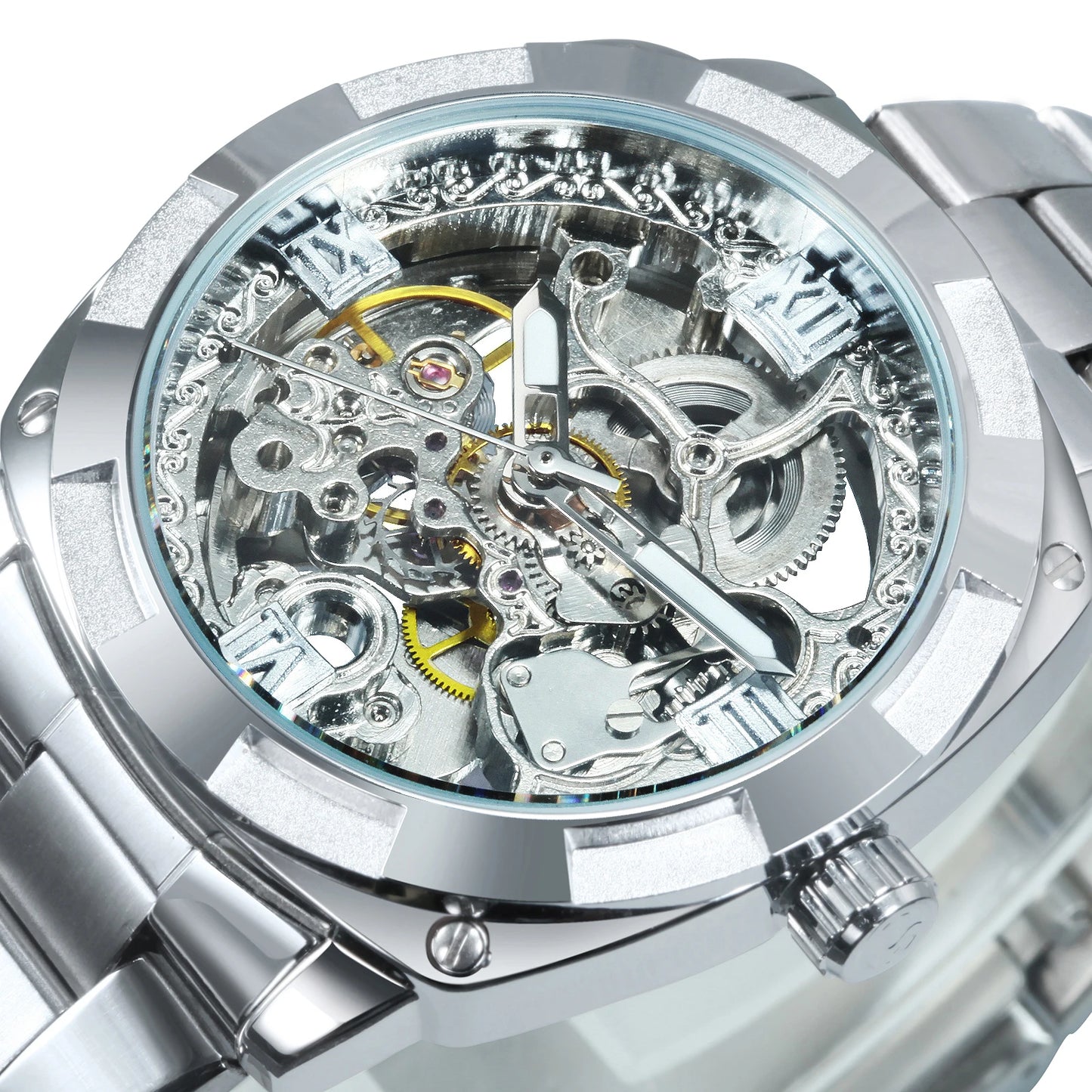 Luxury Retro Skeleton Square Watch – Automatic Movement Steel Band Men’s Watch