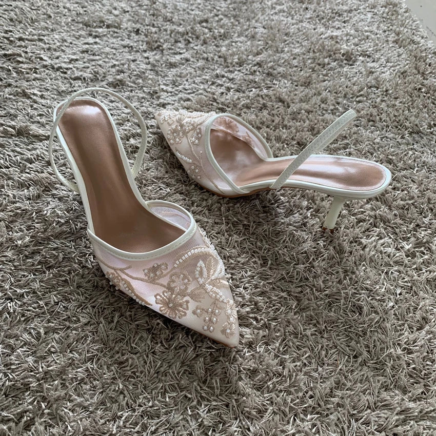 ELEGANT MESH EMBROIDERED SUMMER SLINGBACK HEELS