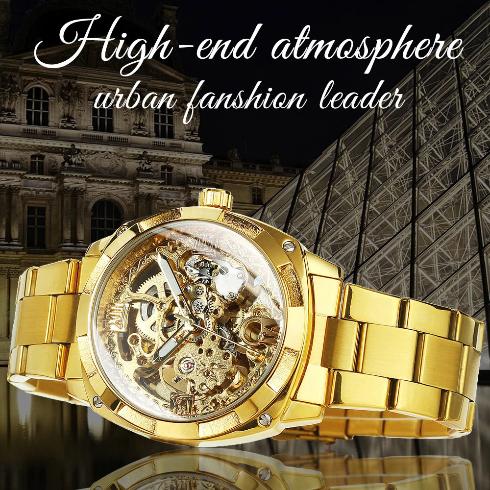 Luxury Retro Skeleton Square Watch – Automatic Movement Steel Band Men’s Watch