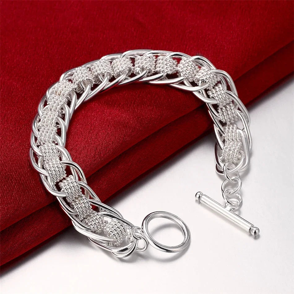 Elegant 925 Sterling Silver Charm Bracelet with Polished Geometric Design