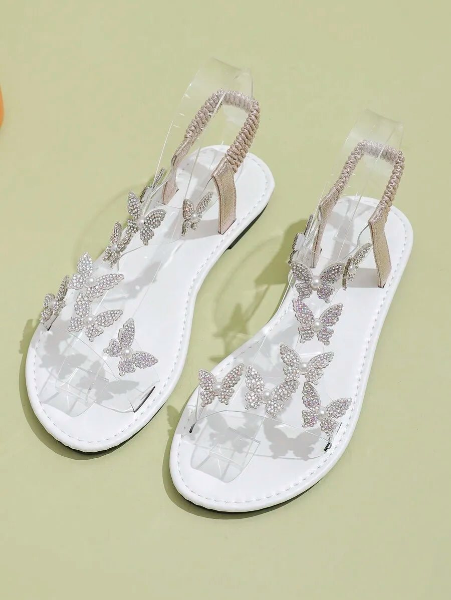 Chic Rhinestone Butterfly Sandals – Women’s Flat Clear Strap Summer Footwear