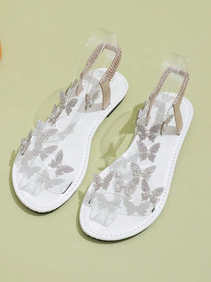 Chic Rhinestone Butterfly Sandals – Women’s Flat Clear Strap Summer Footwear