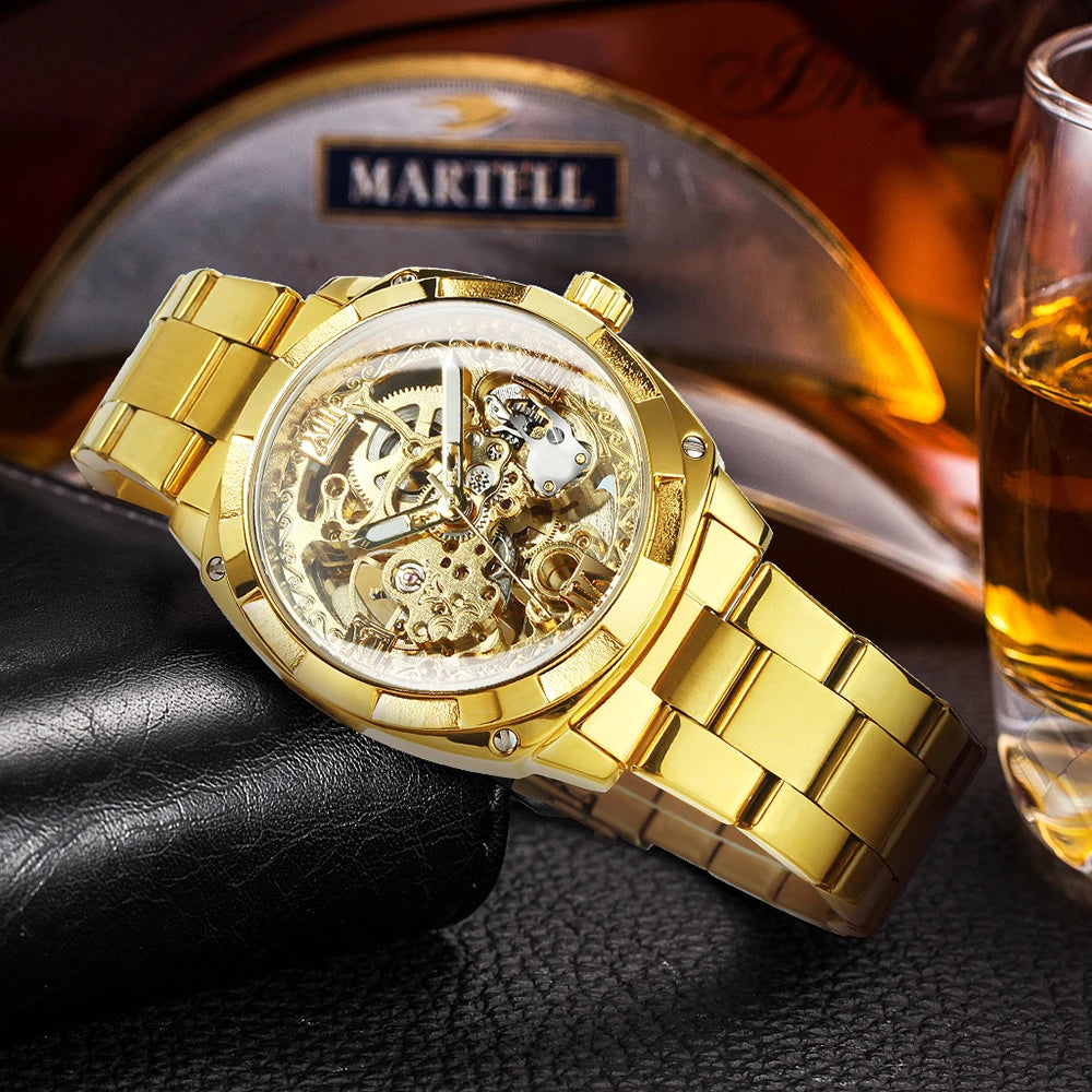 Luxury Retro Skeleton Square Watch – Automatic Movement Steel Band Men’s Watch