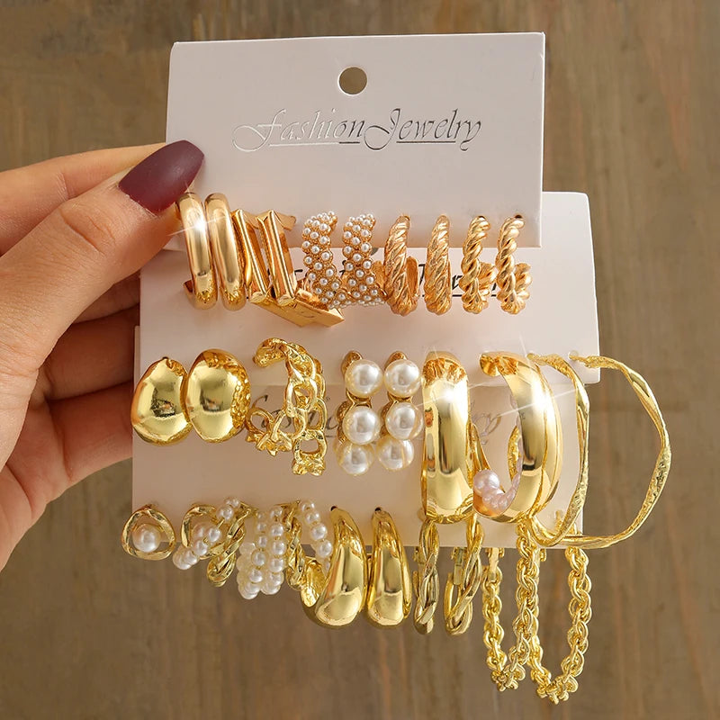 Square & Round Pearl Drop Earrings – Vintage Gold Fashion Jewelry Set