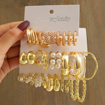 Square & Round Pearl Drop Earrings – Vintage Gold Fashion Jewelry Set