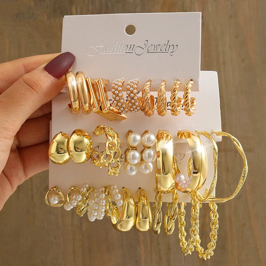 Square & Round Pearl Drop Earrings – Vintage Gold Fashion Jewelry Set