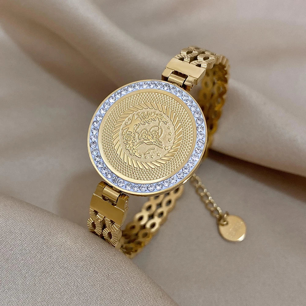18K Gold Plated Portrait Coin Cuff Bracelet – Stainless Steel Wide Bangle