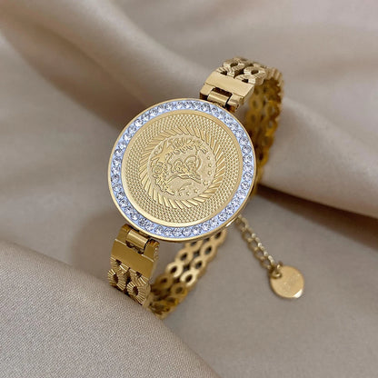 18K Gold Plated Portrait Coin Cuff Bracelet – Stainless Steel Wide Bangle