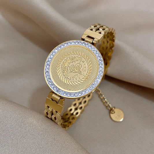 18K Gold Plated Portrait Coin Cuff Bracelet – Stainless Steel Wide Bangle