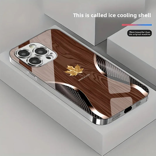 Luxury Wood Grain iPhone Case – Tempered Glass Gold Leaf Design
