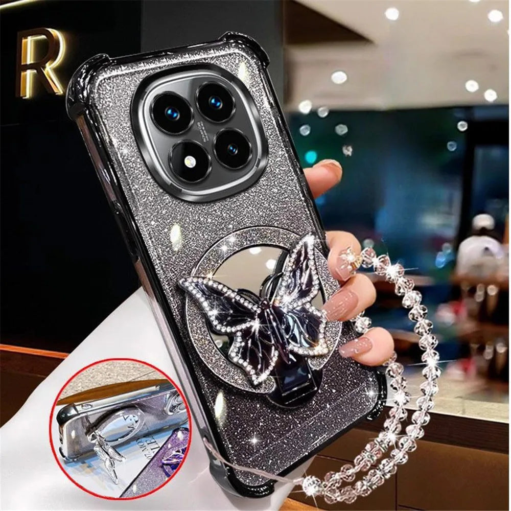 Glam Mirror Phone Case – Sparkle Butterfly Cover with Wrist Strap & Stand