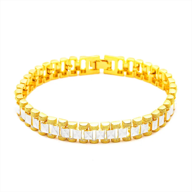 Elegant Crown & Heart Charm Bracelet – Gold Stainless Steel Wide Chain Wristwear