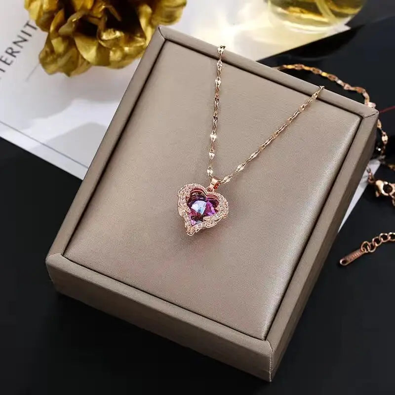 LUXURY OCEAN HEART CRYSTAL PENDANT NECKLACE