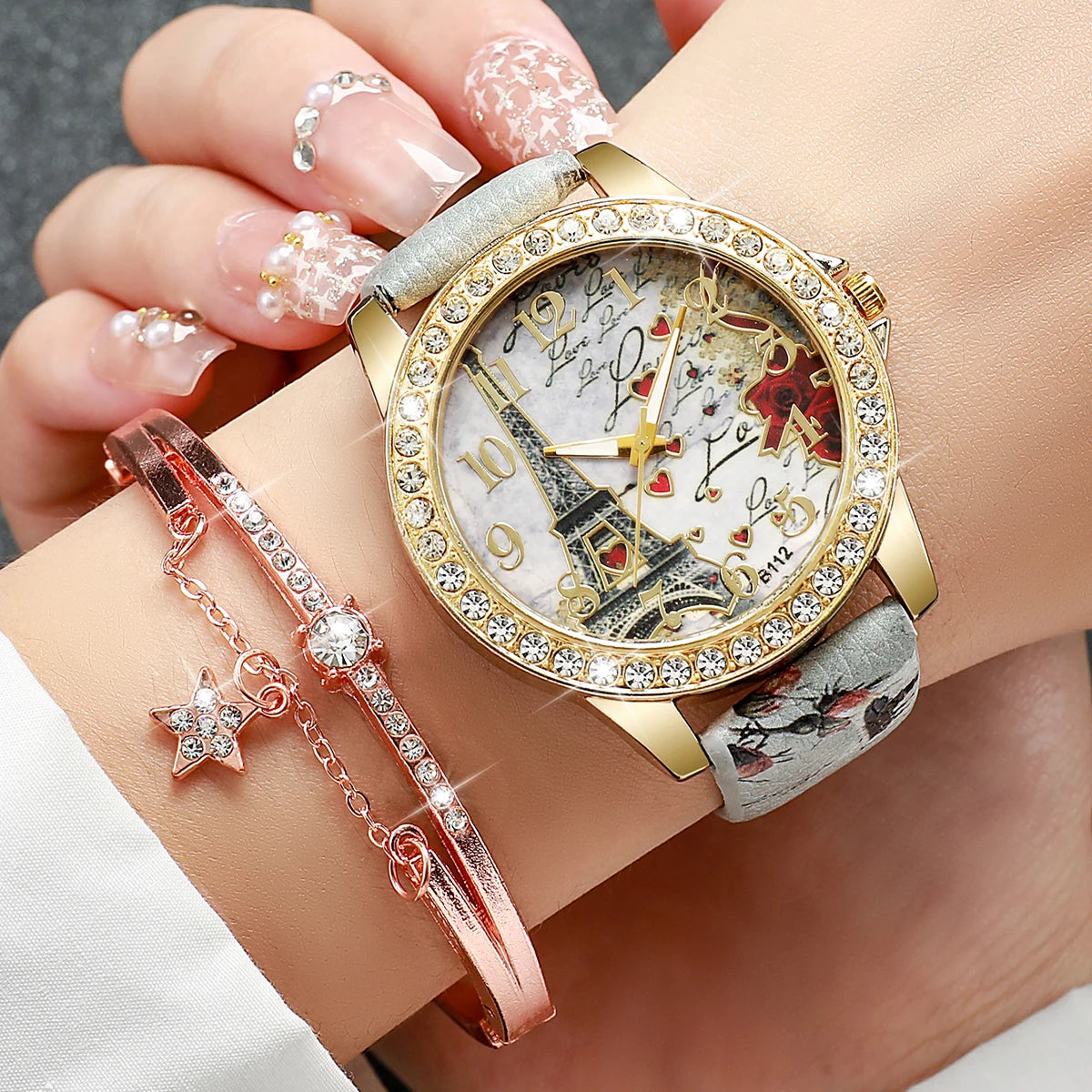 RHINESTONE FLOWER PRINT LUXURY WATCH SET