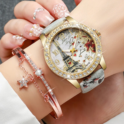 RHINESTONE FLOWER PRINT LUXURY WATCH SET