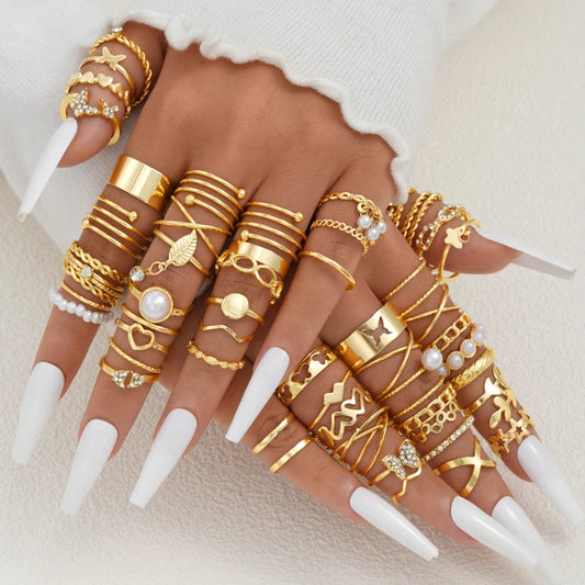 Gold Tone Elegant Vintage Ring Collection with Artistic Hollow Geometric Designs