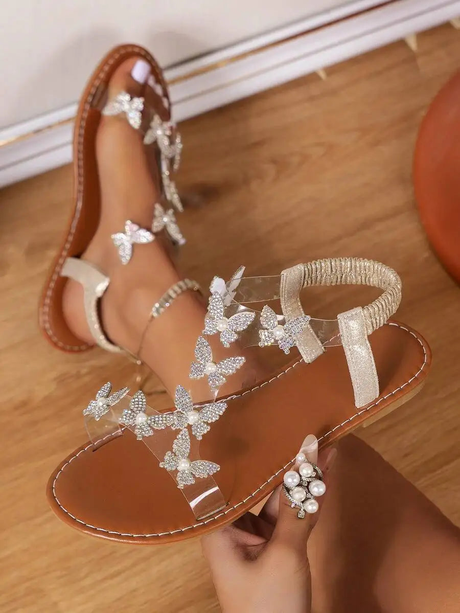 Chic Rhinestone Butterfly Sandals – Women’s Flat Clear Strap Summer Footwear