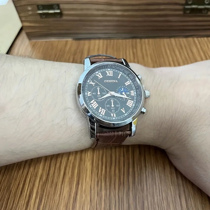 Modern Classic Men Watch – Roman Numeral Leather Strap Quartz Watch