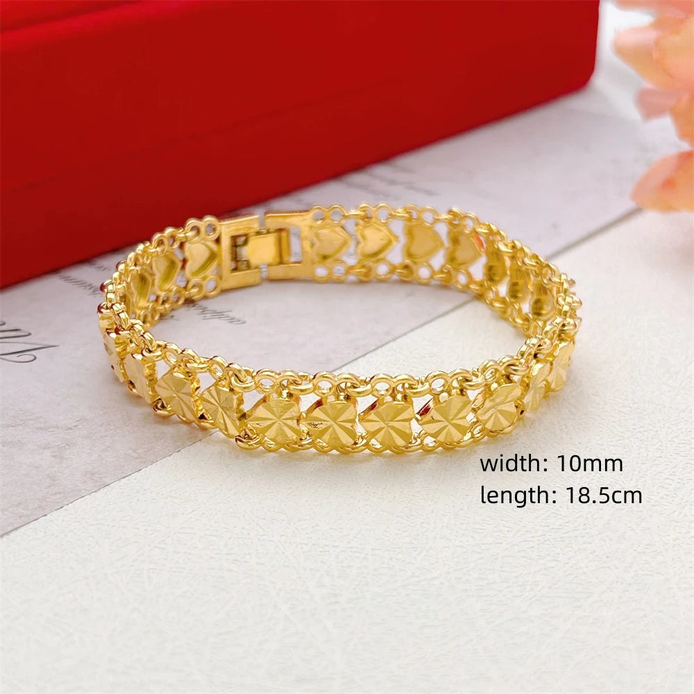 Elegant Crown & Heart Charm Bracelet – Gold Stainless Steel Wide Chain Wristwear