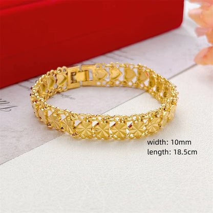 Elegant Crown & Heart Charm Bracelet – Gold Stainless Steel Wide Chain Wristwear