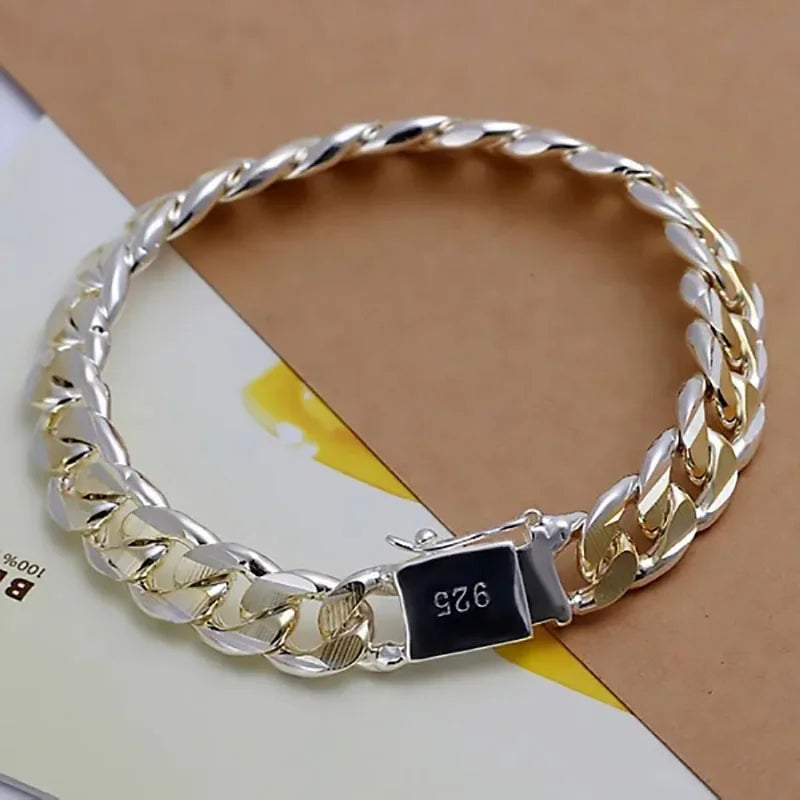 Elegant 925 Sterling Silver Charm Bracelet with Polished Geometric Design