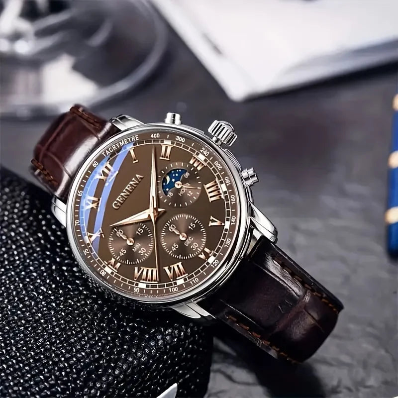 Modern Classic Men Watch – Roman Numeral Leather Strap Quartz Watch