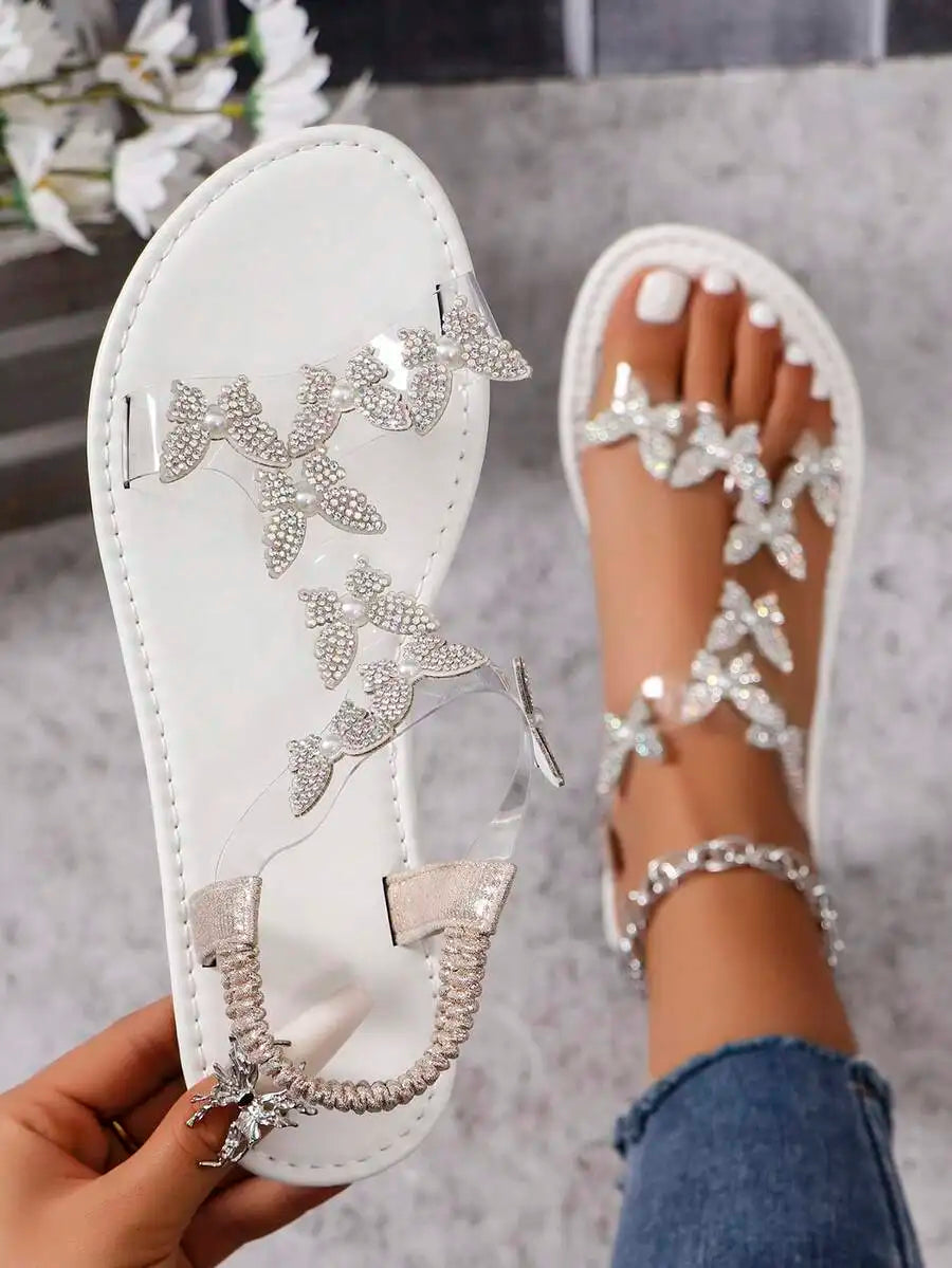Chic Rhinestone Butterfly Sandals – Women’s Flat Clear Strap Summer Footwear