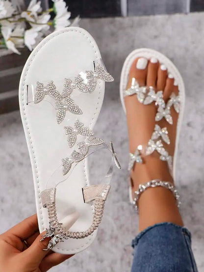 Chic Rhinestone Butterfly Sandals – Women’s Flat Clear Strap Summer Footwear
