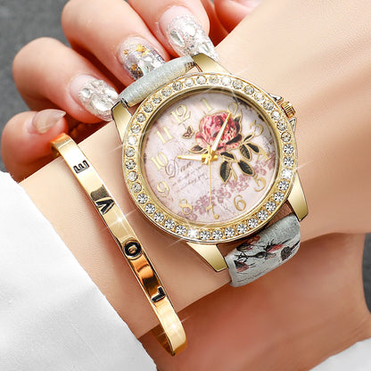 RHINESTONE FLOWER PRINT LUXURY WATCH SET