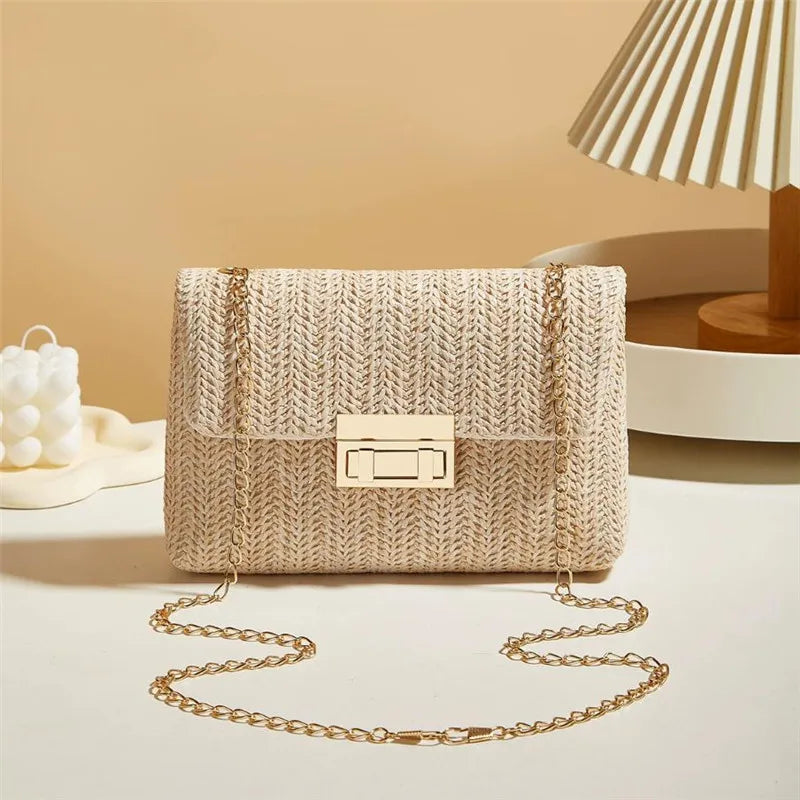 Handwoven Straw Shoulder Bag – Lock Closure Summer Crossbody Purse