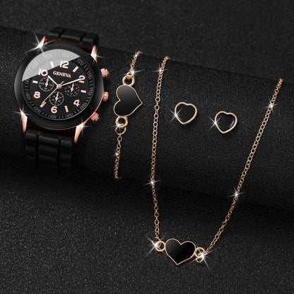 Women’s Fashion Quartz Watch Set – Silicone Strap Jewelry Gift Collection