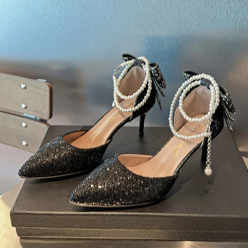 ELEGANT TEMPERAMENT SEQUIN BOW HIGH HEELS