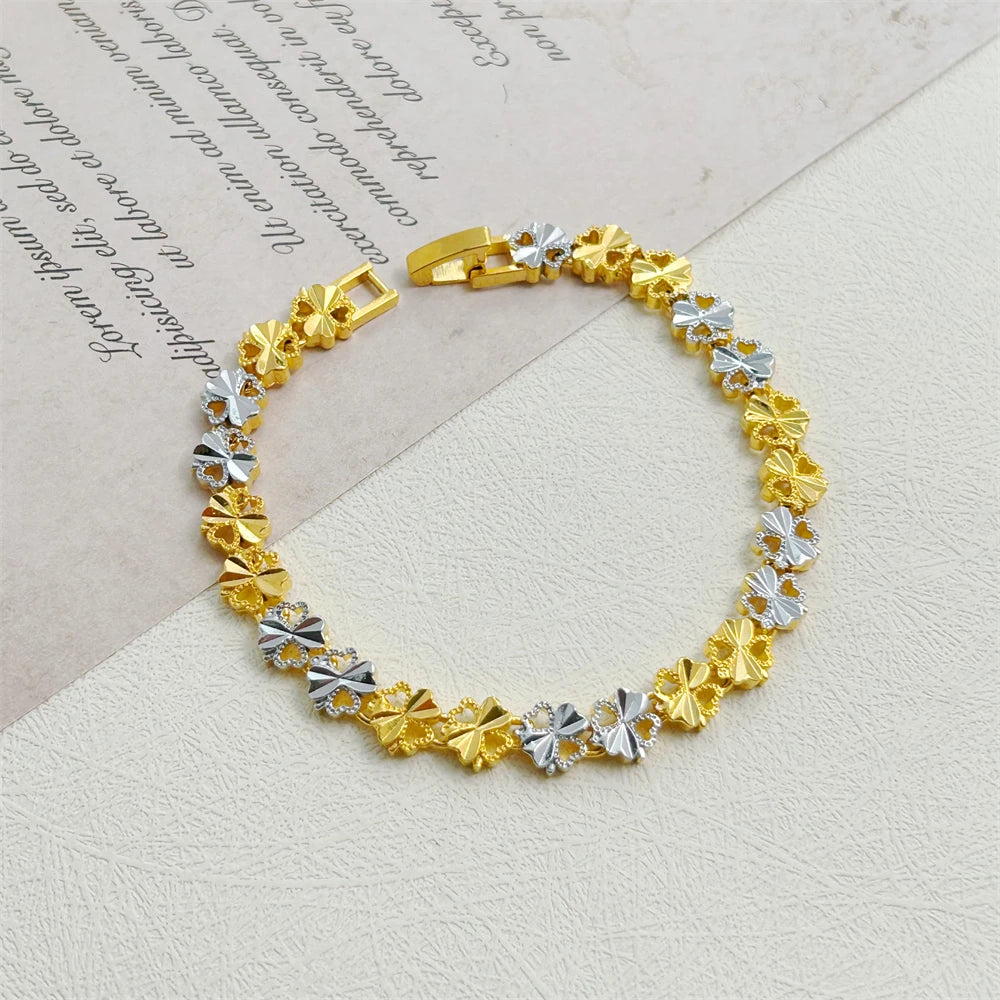Elegant Crown & Heart Charm Bracelet – Gold Stainless Steel Wide Chain Wristwear