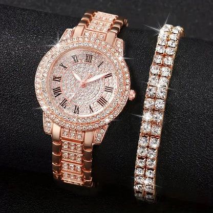 Luxury Diamond Roman Quartz Watch Set – Women Alloy Bracelet Gift Combo