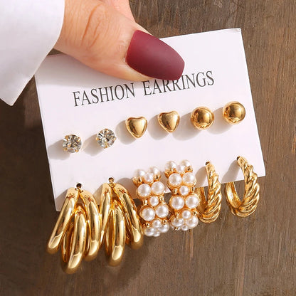 Square & Round Pearl Drop Earrings – Vintage Gold Fashion Jewelry Set