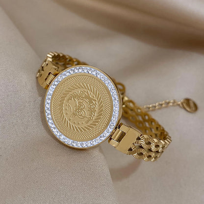 18K Gold Plated Portrait Coin Cuff Bracelet – Stainless Steel Wide Bangle