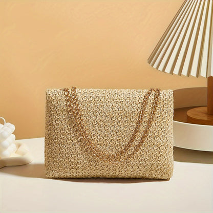 Handwoven Straw Shoulder Bag – Lock Closure Summer Crossbody Purse
