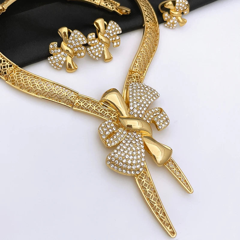 Premium Bow Jewelry Set – Elegant 4-Piece Gold-Tone Accessories for Women